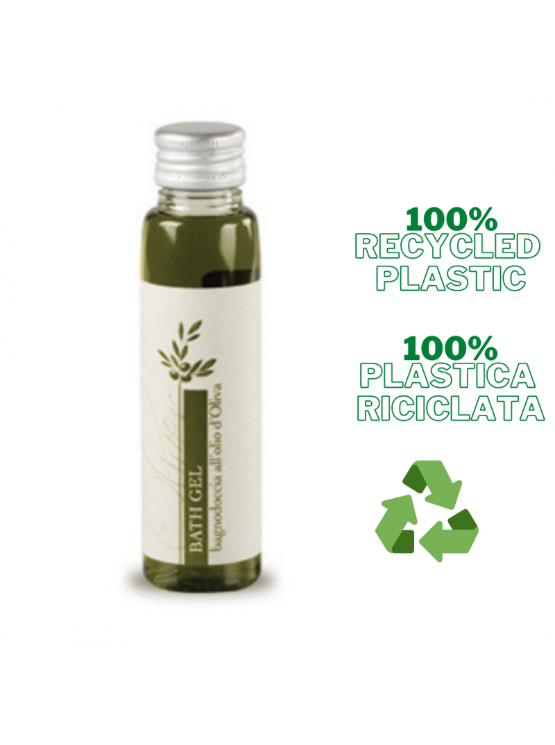 Docciaschiuma bagnoschiuma gel doccia all'olio d'oliva per hotel in flacone riciclato 35ml