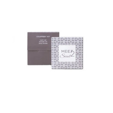 MEET 2 SCENT Cardbox gift box with a shower cap, vanity set and shoe sponge.